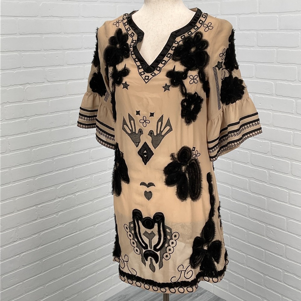 BLACK Dress Women Small Tan Black Embroider Butterfly Floral Tribal Nature Boho